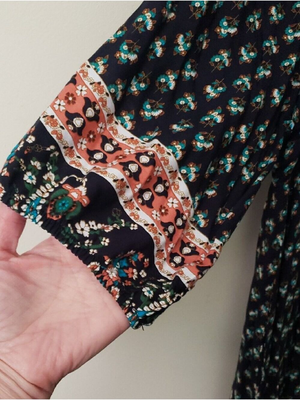 BloomChic Navy Floral Boho Mini Dress with Teal & Coral Accents - Picture 5 of 10